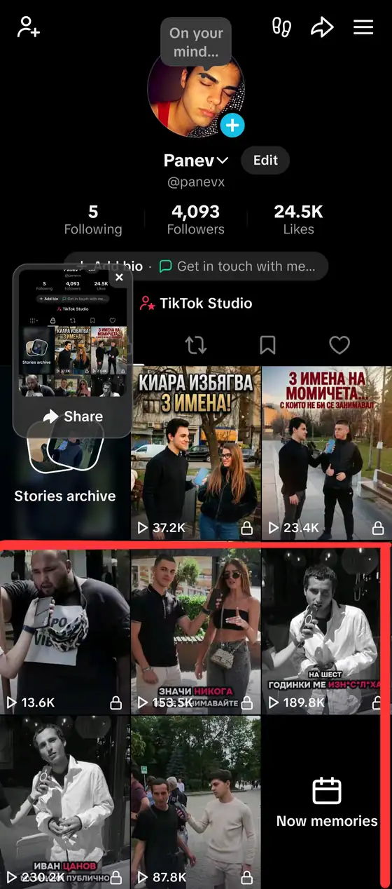 TikTok profile @panevx with recent videos and their view counts